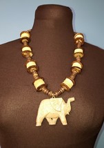 Vintage Handmade Boho Tribal  Style Carved Elephant Wood Bead Necklace 26&quot; - £17.60 GBP
