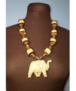Vintage Handmade Boho Tribal  Style Carved Elephant Wood Bead Necklace 26&quot; - $30.08 CAD