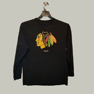 Chicago Blackhawks Kids Hockey Shirt Medium Black Long Sleeve Reebok Indian  - $12.95