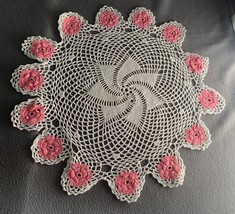 Handmade Crochet Doily with Pink Flower Pattern 19&quot; - $12.83