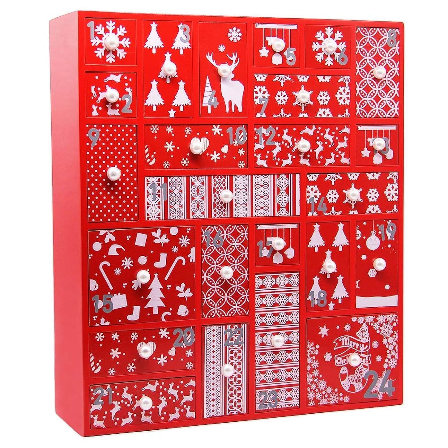 Red Advent Calendar With 24 Drawers Countdown To Christmas, Refillable Wooden Ad