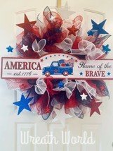 PATRIOTIC WREATH NEW HANDMADE LARGE AMERICA HOME OF THE BRAVE 4th OF JULY - $88.49