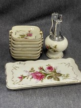 Vintage Set of 7 Moss Rose Small Ashtrays 2 1/2” Plus Rolling Tray &amp; Lighter MCM - £21.56 GBP