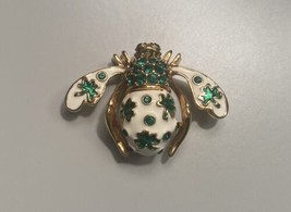 Joan Rivers Bee Pin Brooch Shamrock Clovers White Green Enamel Crystal - $44.88