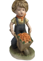 Porcelain Figurine Boy with Flowers in Wheel Barrow Wearing Coveralls Porecelin - £9.18 GBP