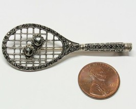 All Solid Sterling 925 Silver Tennis Racquet And Ball Pin Marcasite Stones 6.2g - £21.28 GBP