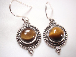 Round Tiger Eye 925 Sterling Silver Dangle Earrings Silver Dot Accented - $17.09