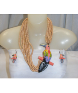 Vintage 9 Strand Wooden Bead Necklace Matching Earrings Hand Painted Par... - $49.49
