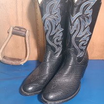cowboy boots Mens Cowtown size 9 EE, bk bullhide, bk bl emb U  (item:p319 - $237.49