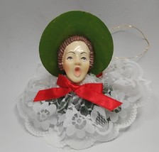 Vtg Paper Mache Caroler Head Lace Trimmed Green Fabric Christmas Ornament - £7.19 GBP