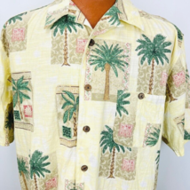 Joe Marlin Hawaiian Aloha XL Shirt Framed Palm Trees Tapa Floral Tropical Tapas - £35.96 GBP