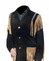 Western Style Men&#39;s Black Real Suede Leather Tan Fringes Beaded Patches Jacket - £133.57 GBP