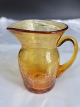 Crackle Glass Amber Small 3 3/4&quot; Pitcher Hand Blown Applied Handle Vintage - £8.32 GBP