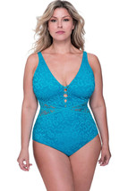 NWT GOTTEX plus-sized 14D cup one piece swimsuit lace peacock blue tummy control - £49.58 GBP