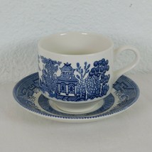 Churchill Blue Willow Georgian Shape Large Flat Tea Cup &amp; Saucer 2 5/8 in tall - £6.88 GBP