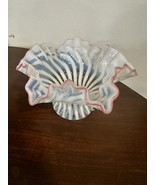 Vintage Fenton White Stripe Pink Ruffled Edge Dish/Bowl - $89.31 CAD