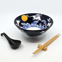 Blue Sky Moon Rabbit Ceramic Ramen Rice Bowl With Soup Spoon Chopsticks ... - $33.99