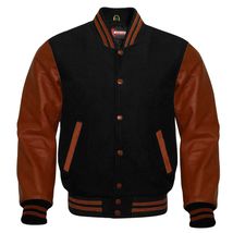 Men Black Leather Varsity Jackets With Brown Sleeves - $53.00