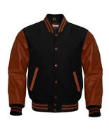 Men Black Leather Varsity Jackets With Brown Sleeves - $53.00