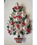 CHRISTMAS TREE Brooch Pin Faux PEARL Red Green RHINESTONE  Silver Tone S... - $41.13 CAD