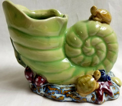  Art Pottery Sea Shell Vase Ocean Turtles Coral Green Blue 4.5&quot; Tall  - £37.44 GBP