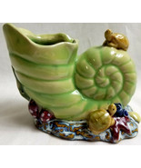  Art Pottery Sea Shell Vase Ocean Turtles Coral Green Blue 4.5&quot; Tall  - £36.83 GBP