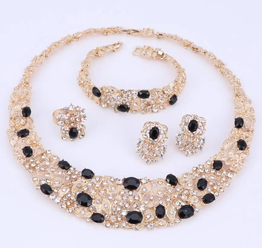 GolNecklace Earrings Bracelet Ring Jewelry Sets Women African Beads Crys... - $28.64