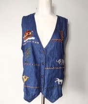 Way To Go Denim Noahs Ark Vest Size M  Embroidered Blue Bible Story Animals - £18.06 GBP