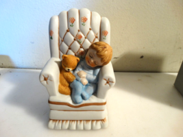 The Night Before Christmas Ceramic Blonde Boy &amp; Teddy Bear Sleeping In C... - $9.90
