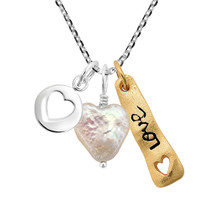 Message “Love” Gold Tag &amp; Hearts Charms Sterling Silver Romantic Gift Necklace - £25.90 GBP