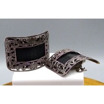 Silver Tone Ornate Frame Ribbon Shoe Clips, Vintage Black Fabric Curved - £46.85 GBP