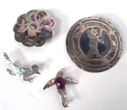 ANTIQUE LOT VINTAGE MEXICO TAXCO STERLING SILVER ABALONE SHELL INLAY BRO... - £47.52 GBP