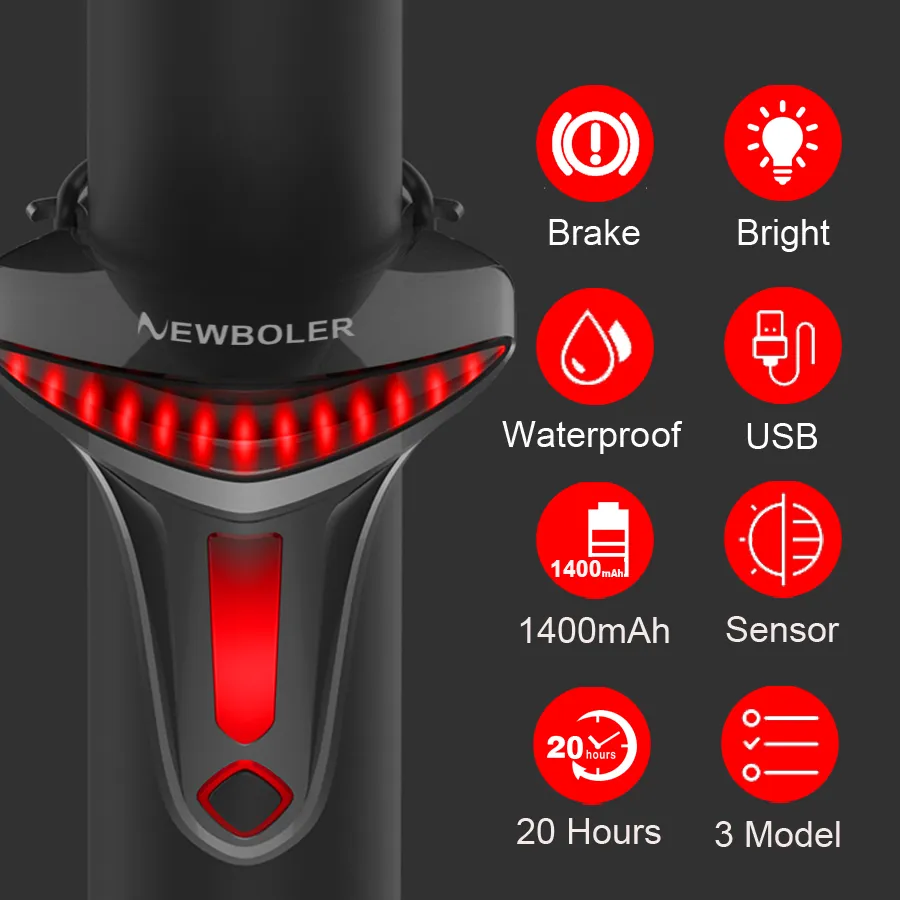 Newboler Sensoring Brake Bicycle Tail Light Auto Star Stop Usb Bike Lights Led - £31.53 GBP