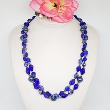 Vintage Signed TRIFARI Two Strand Sapphire Blue AB Glass Beaded Necklace - £40.05 GBP