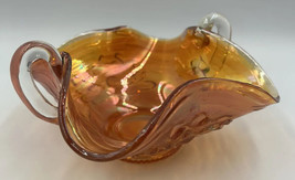 Vintage Marigold Lotus Carnival Glass Dish Handles Candy Trinkets Tidbits - £12.90 GBP