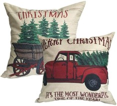 2-Piece Set Throw Pillow Covers Christmas Tree Vintage Red Truck Cotton 20 X 20&quot; - £18.12 GBP