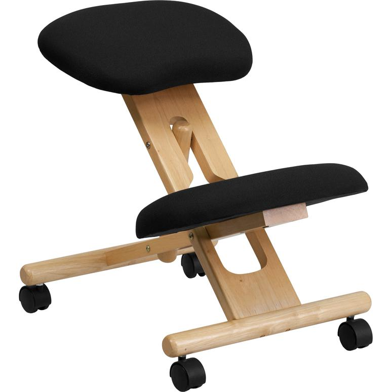 Mobile Wooden Ergonomic Kneeling Office Chair in Black Fabric - $171.99