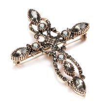 Luxury Antique Gold Baroque Cross Brooch For Women Fashion Gray Crystal Brooches - £6.34 GBP
