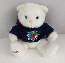 Vintage 2001 White Kitty Cat Wearing Christmas Hooded Sweater 9.5&quot; Plush - £10.00 GBP