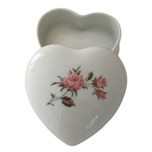Heart Trinket Dish Vintage 80s Ceramic Roses Jewelry Box Lid Floral Leart Shabby - £11.38 GBP