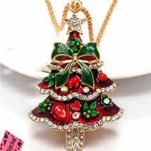 New Fashion Women Colorful Enamel Crystal Christmas Tree Sweater Necklace - £8.79 GBP