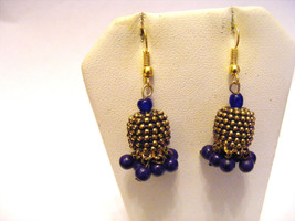 Ethnic Exotic Made In India Brass Gold Navy Blue Beaded Design Pierced Earrings - $10.88