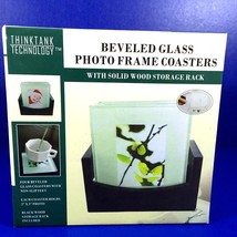 Beveled Glass Photo Frame Coasters 4 With Solid Wood Storage Rack 2&quot; x 3... - $11.87