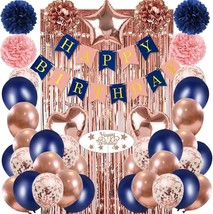 Navy Blue Rose Gold Happy Birthday Party Decorations Kit for Women Girls Men Ban - £21.81 GBP