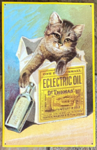 Vtg Embossed Metal Tin Sign - Dr Thomas Electric Oil - Cat, Medicine Bottle - £11.21 GBP