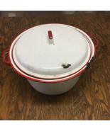 Vintage white red trim enamelware large pot with lid country farmhouse d... - $19.75