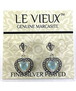 Le Vieux Marcasite Heart Earrings Blue Stone Fine Silver Plated Vintage ... - $19.95