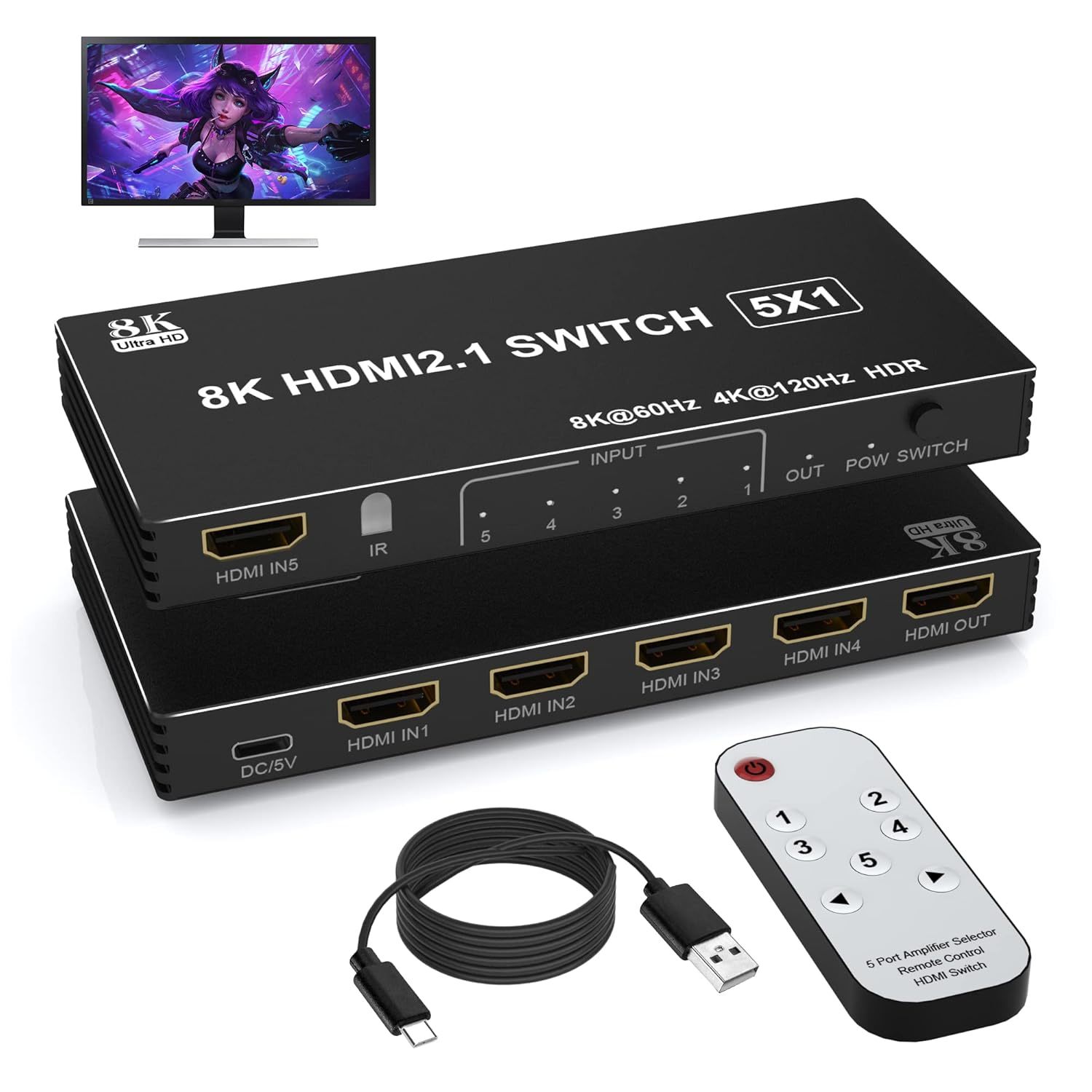 8K Hdmi Switch 5 In 1 Out, Hdmi 2.1 Switch 5 Port With Ir Remote, Hdmi Switcher