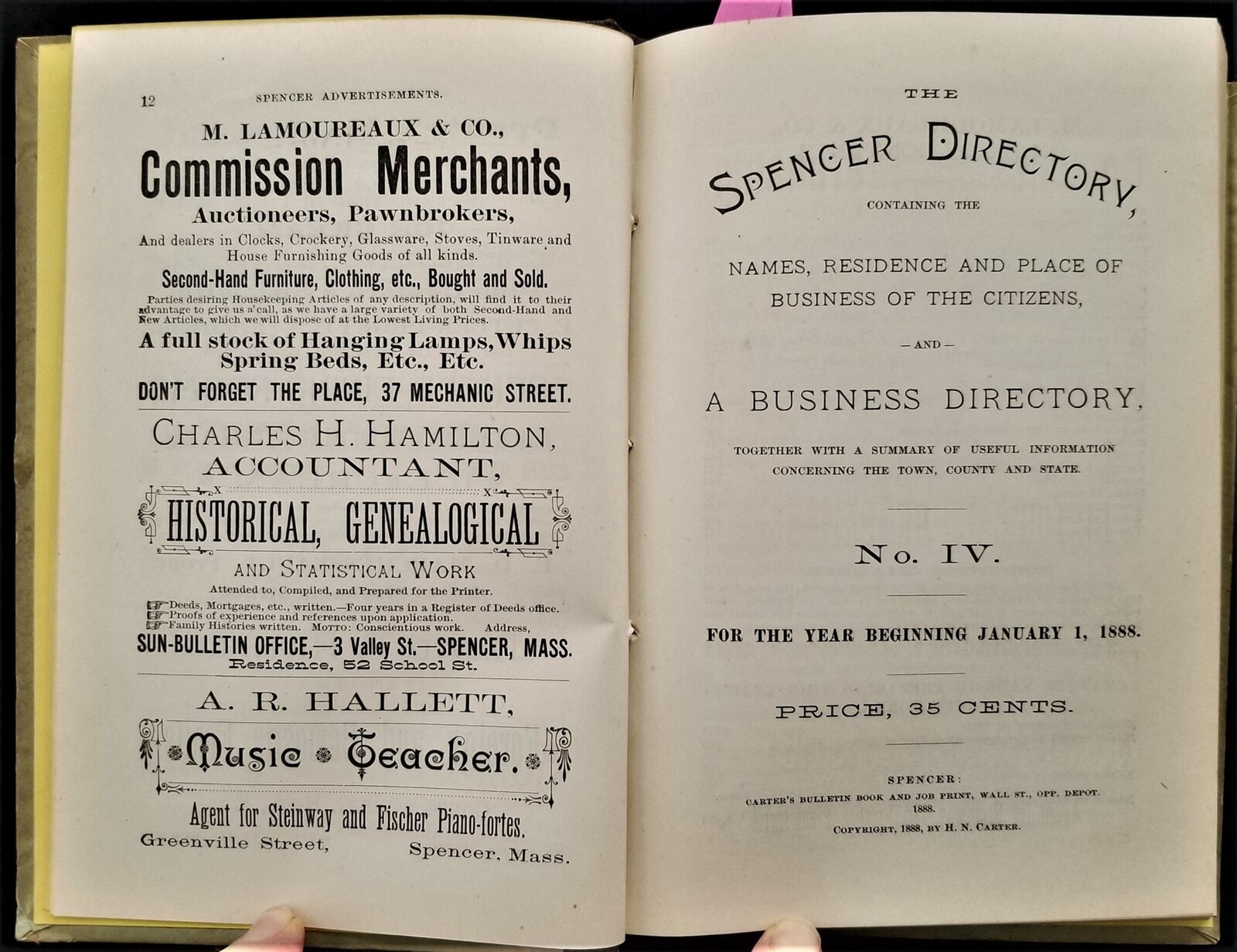 1888 antique SPENCER MA DIRECTORY genealogy names employment citizens ...