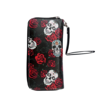 Women&#39;s Black Skull Flowers &amp; Roses Gothic Wristlet Wallet Zip Coin Purse - £4.54 GBP